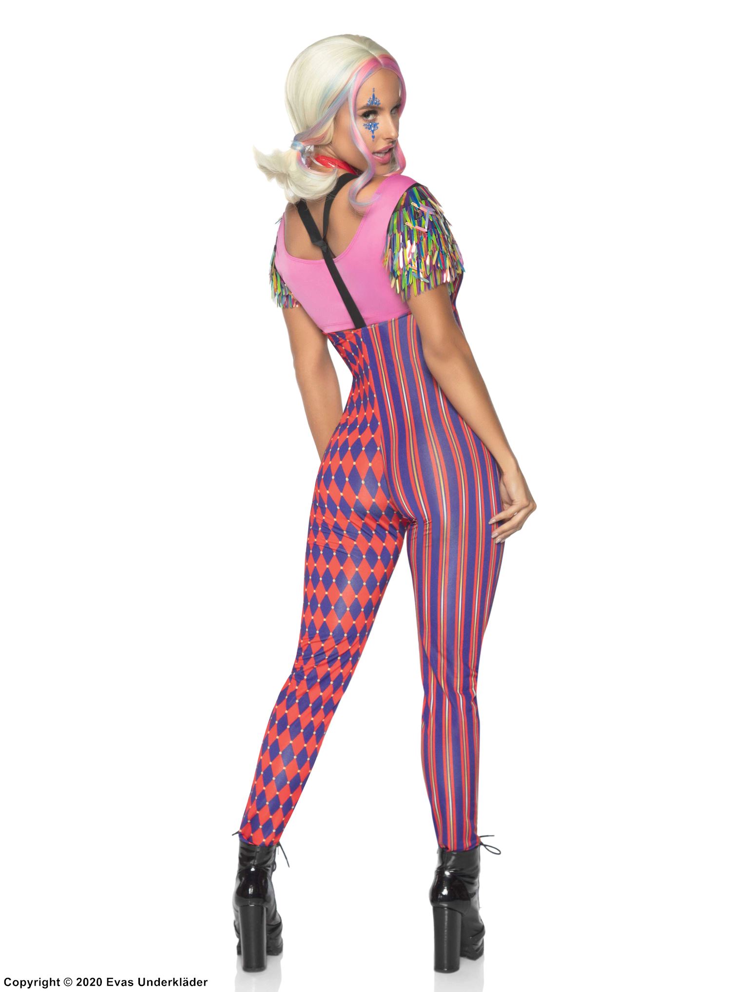 Kvinnlig harlekin, jumpsuit-dräkt med dragkedja på framsidan och hängslen